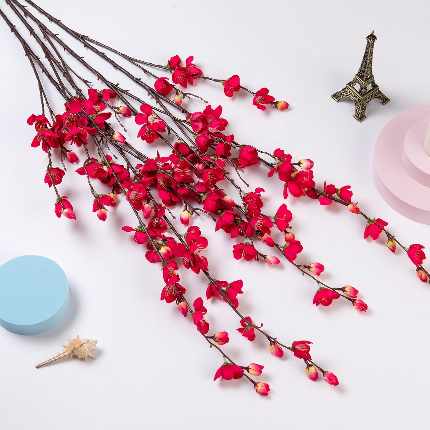 Artificial Faux Plants Flowers Indoor Spring Decor，4 Bundles Fake Silk Plum Blossom,Faux Silk Cherry Blossom Branches for Wedding Office Party Hotel Home Decor，Vase Not Included(White)