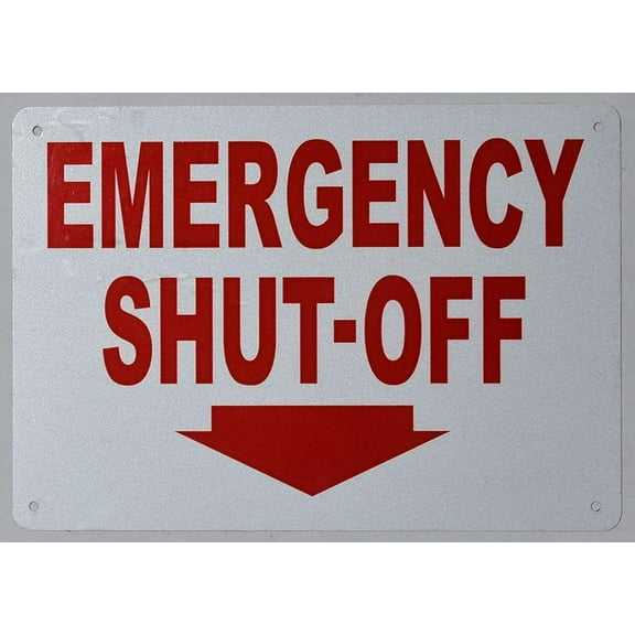 Emergency Shut-Off Arrow Down Sign (White, Reflective !!, Aluminium, Size 7X10) (ref-2201)