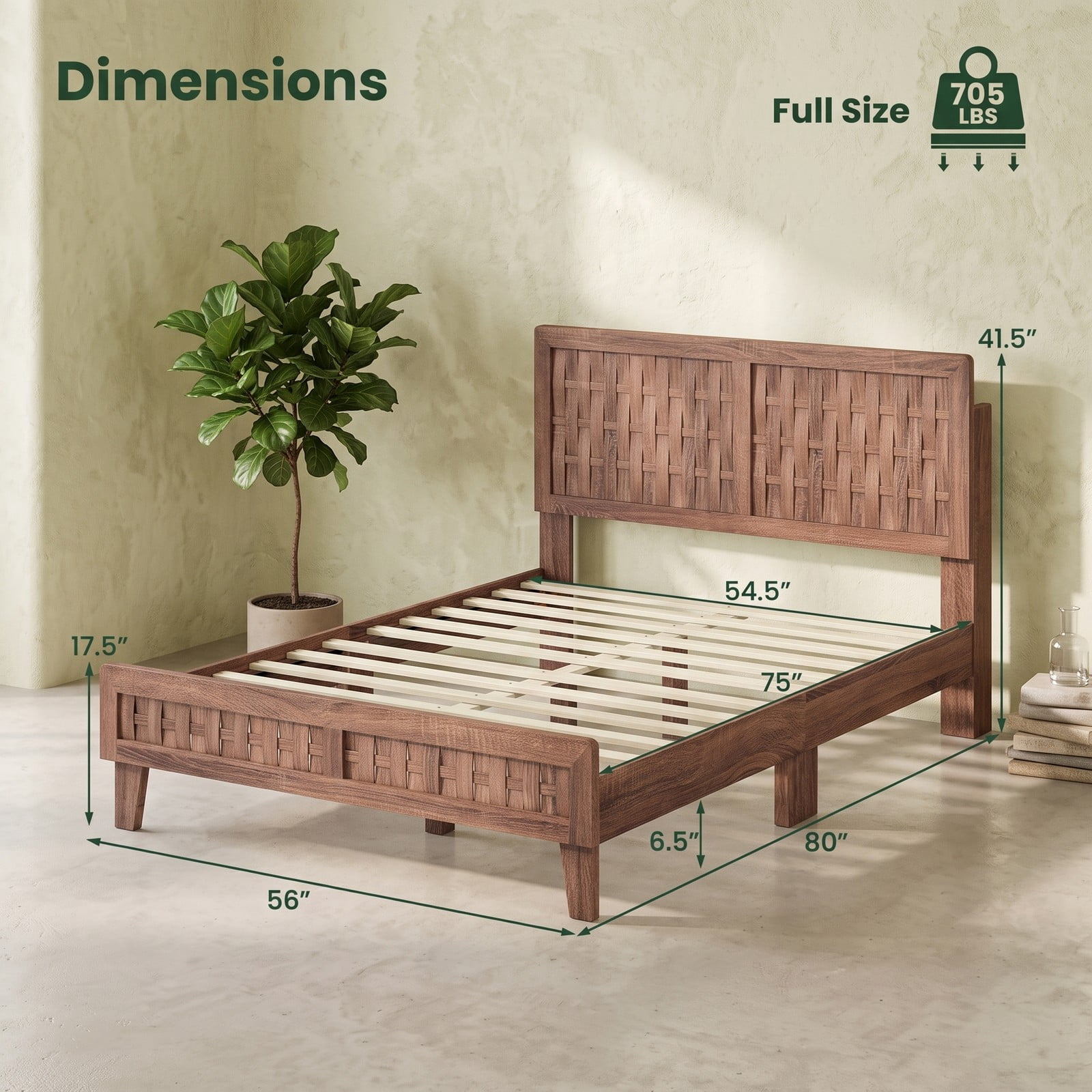 Furnibear Full Size Bed Frame Wood Platform Bed Frame with Woven Accent Headboard and Footboard and 12 Plywood Slats, Walnut