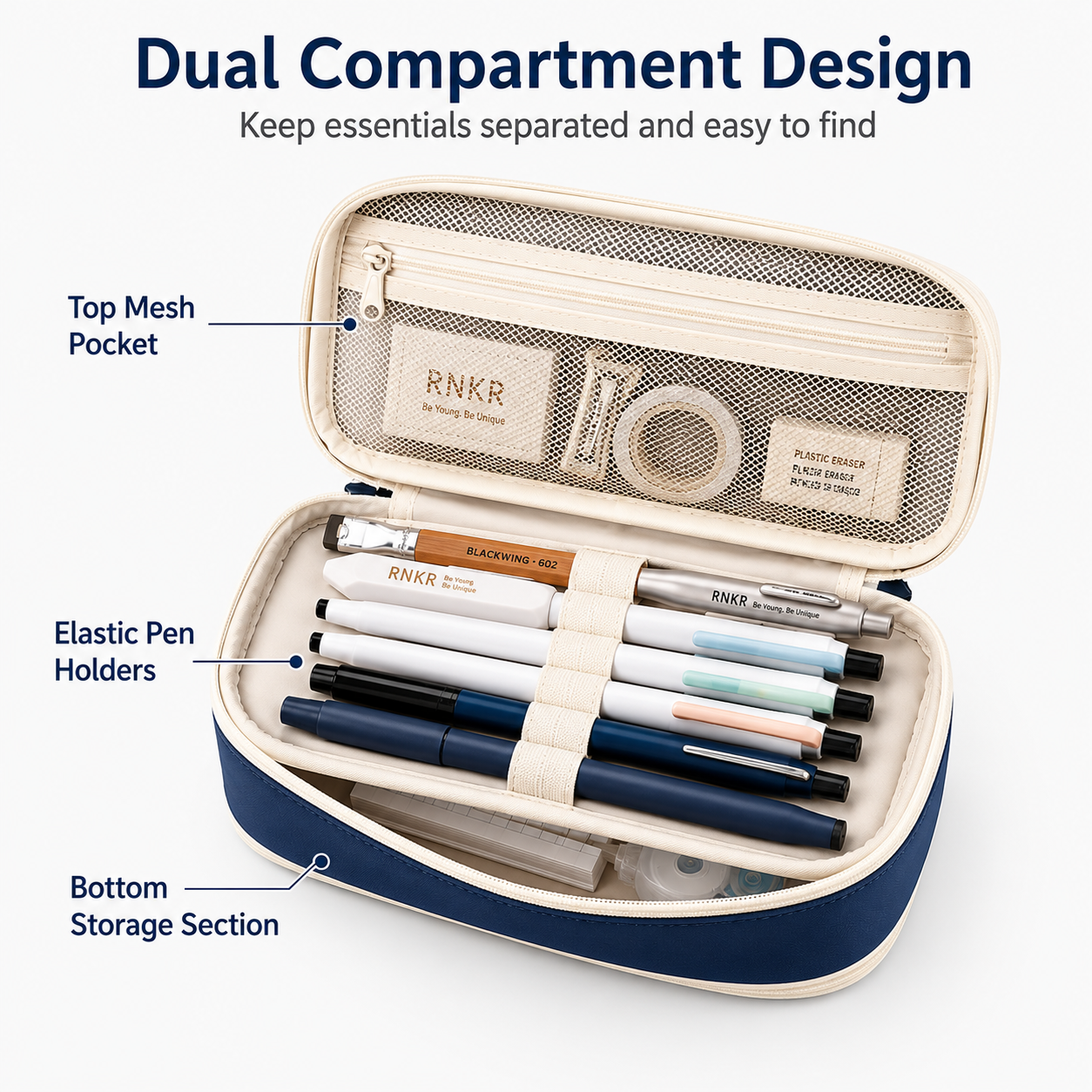 RNKR Large Capacity Pencil Case, Navy Blue, Dual Compartment photo 6