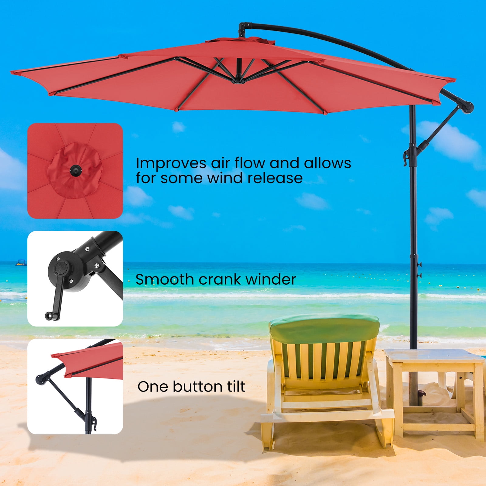 MCQ 10FT Cantilever Outdoor Patio Umbrella with Tilt & Crank, Self-Locking with 8 Sturdy Ribs, Large Sun Shade for Deck, Poolside, Red