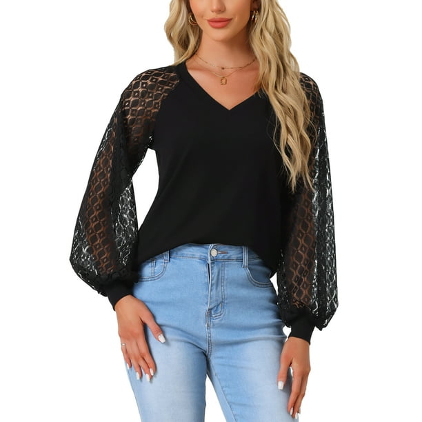 INSPIRE CHIC Blusa de Manga Larga con Encaje para Mujeres, Estilo Casual con Cuello en V, Color Negro S