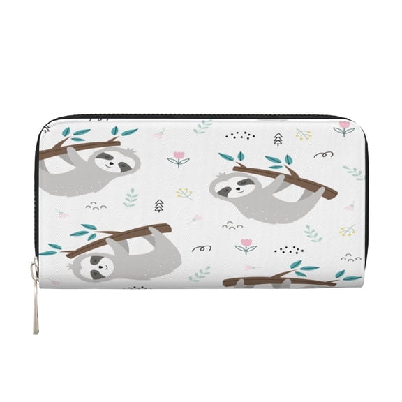 Leather Zipper Pocket Hand Wallet For Women And Men Travel Leather Purse Large Capacity Credit Card Holder Sloth Cartoon