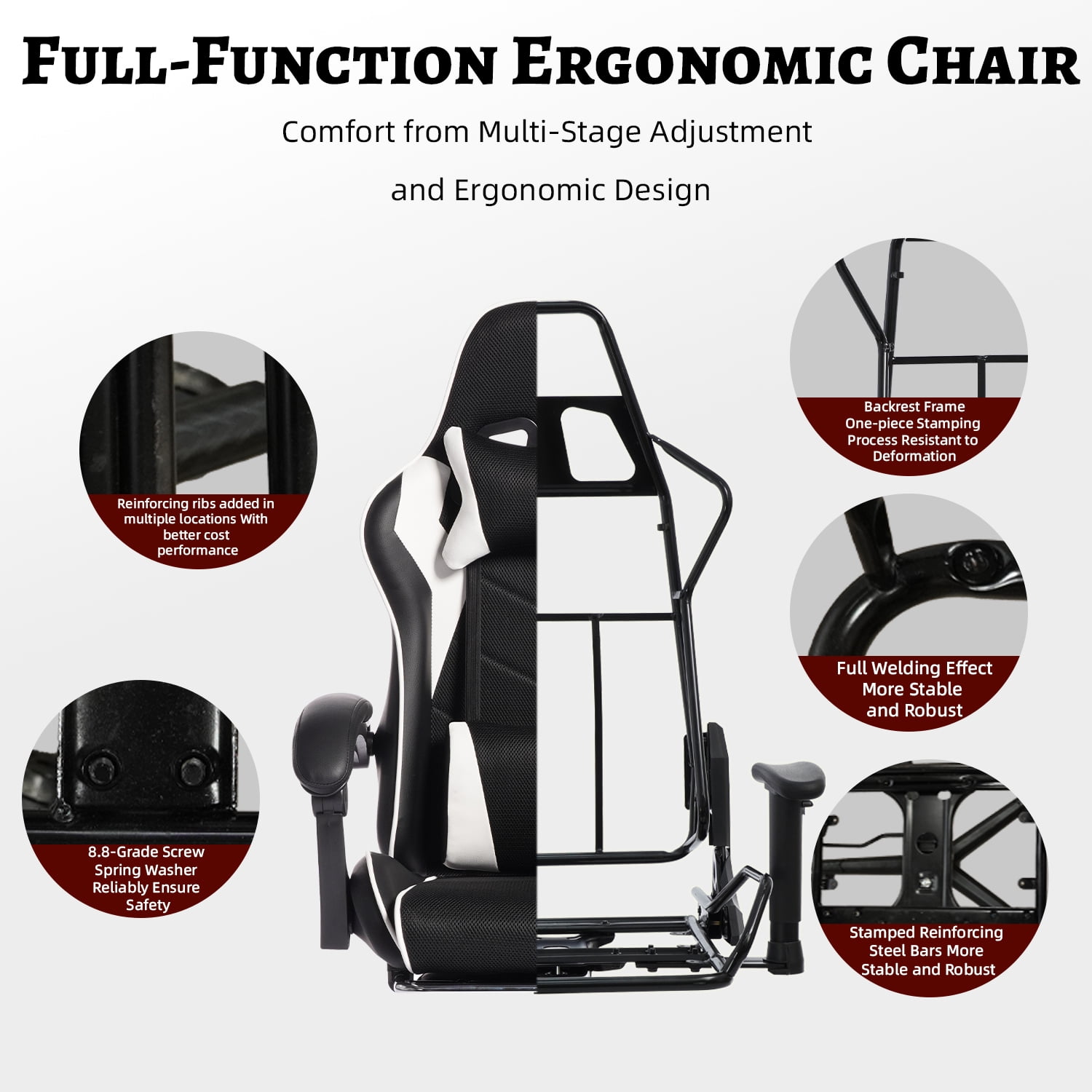 Mintazer Gaming Chairs with Footrest, Massage Leather Game Computer Chair with Headrest and Lumbar Support, E-Sports Chair for Adults Home Office, Black & White