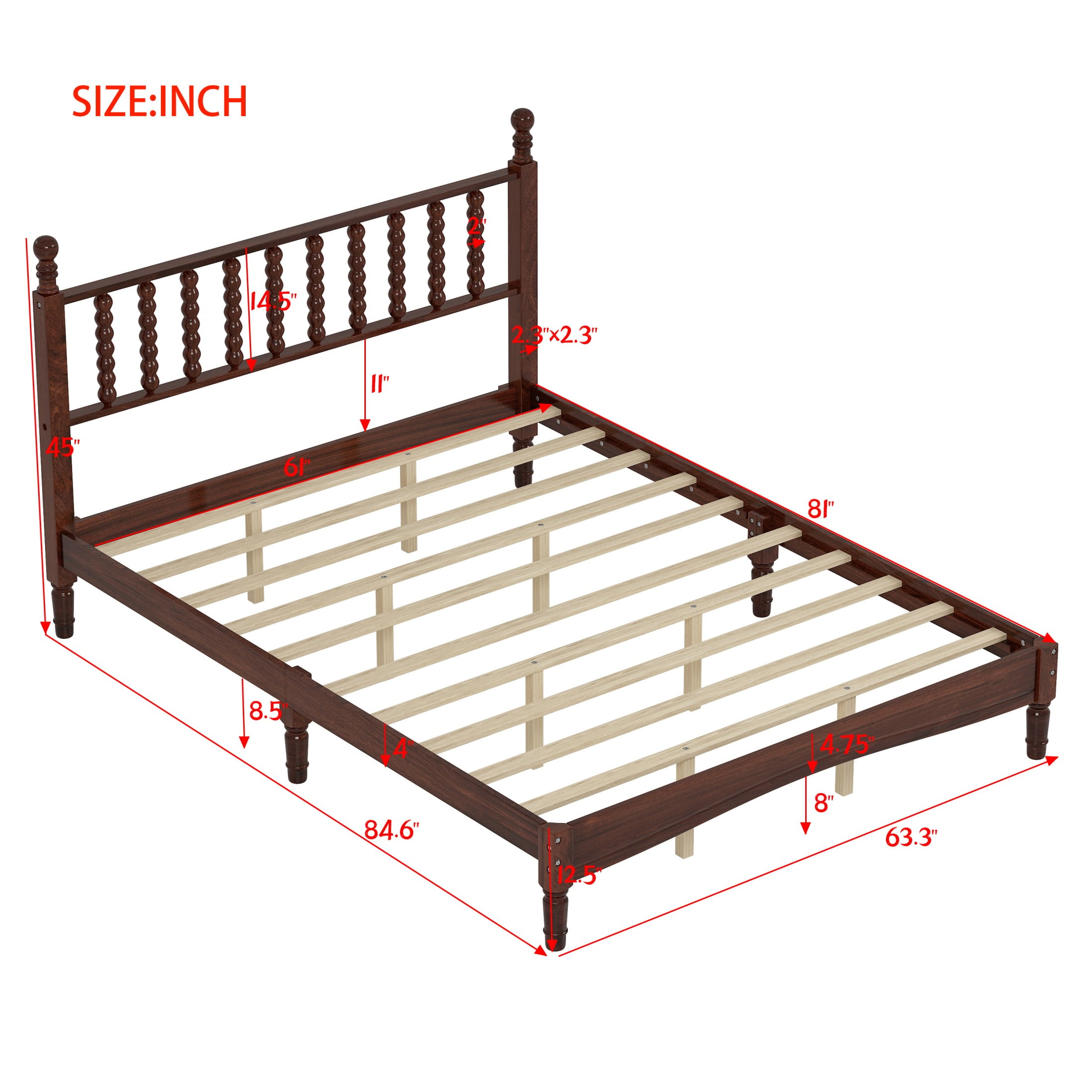 Aukfa Retro Queen Size Bed Frame with Gourd Shaped Headboard, Wood Platform Bed, Walnut