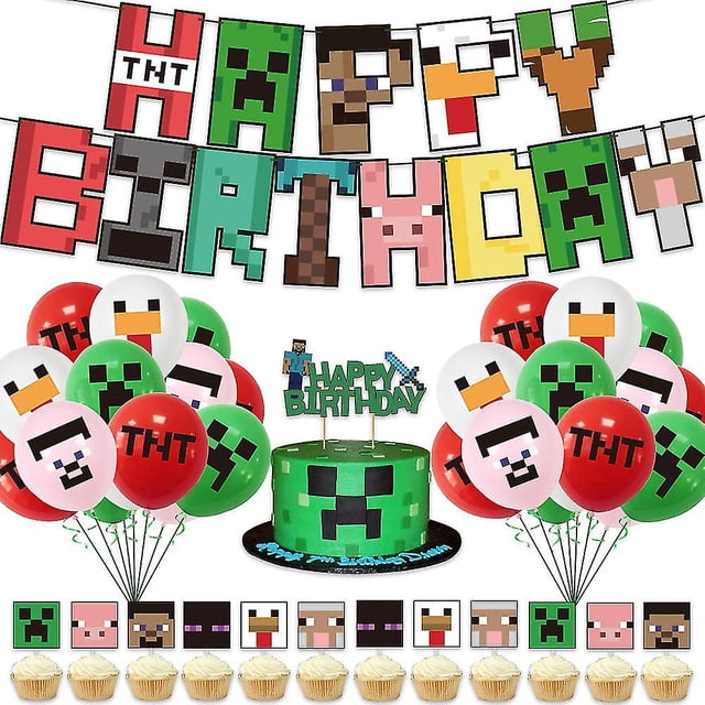Minecraft Flag Balloon Cake Set Pixel Juego Tema Fiesta de cumpleaños Decoración,11 Feliz Sencillez