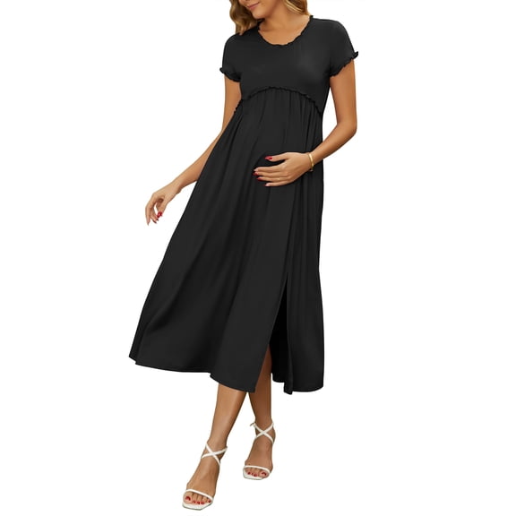 INSPIRE CHIC Women's Maternity Dress Maxi Short Sleeves Ruffled Pleating Pregnancy Dresses for Photoshoot Flowy Casual 2026 Summer S Black