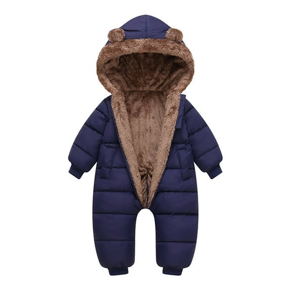 Gaexia Baby Girls Winter Hooded Jumpsuit Bear Romper Warm Outwear Cozy Snowsuit Outfit for Toddler Soft Lined Overcoat,Navy,12-18 Months
