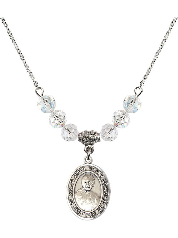 18-Inch Rhodium Plated Necklace with 6mm Aqua Birthstone Beads and Sterling Silver Blessed John Henry Newman Charm. 