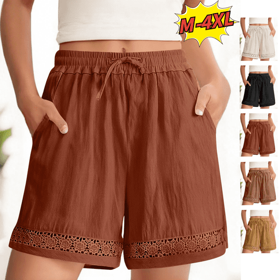 Utoimkio Summer Linen Shorts for Women Casual Drawstring Beach Shorts High Waisted Shorts with Pockets Size M-4XL