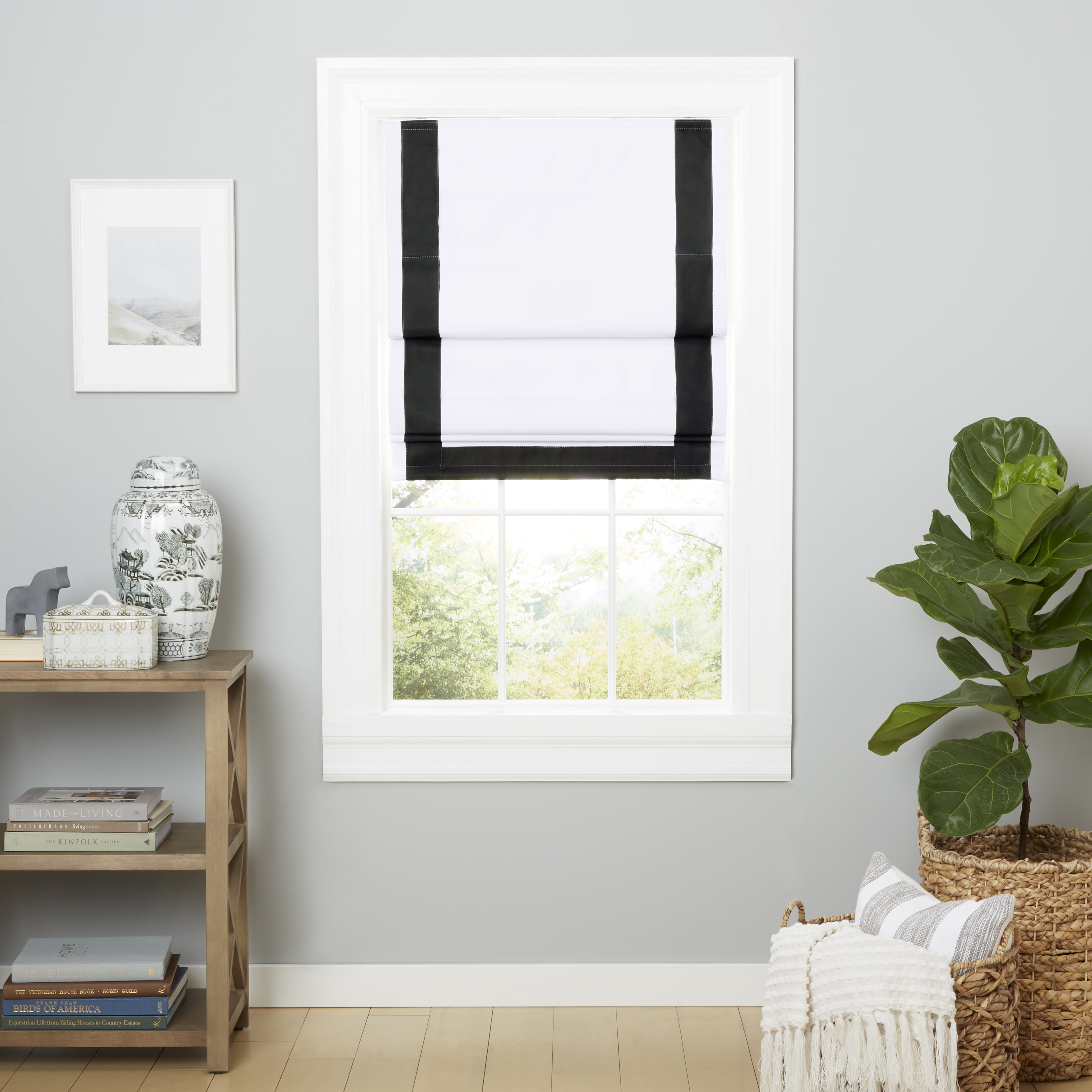 Exclusive Home Frontera 100% Blackout Roman Shade, 27"x64", White/Black