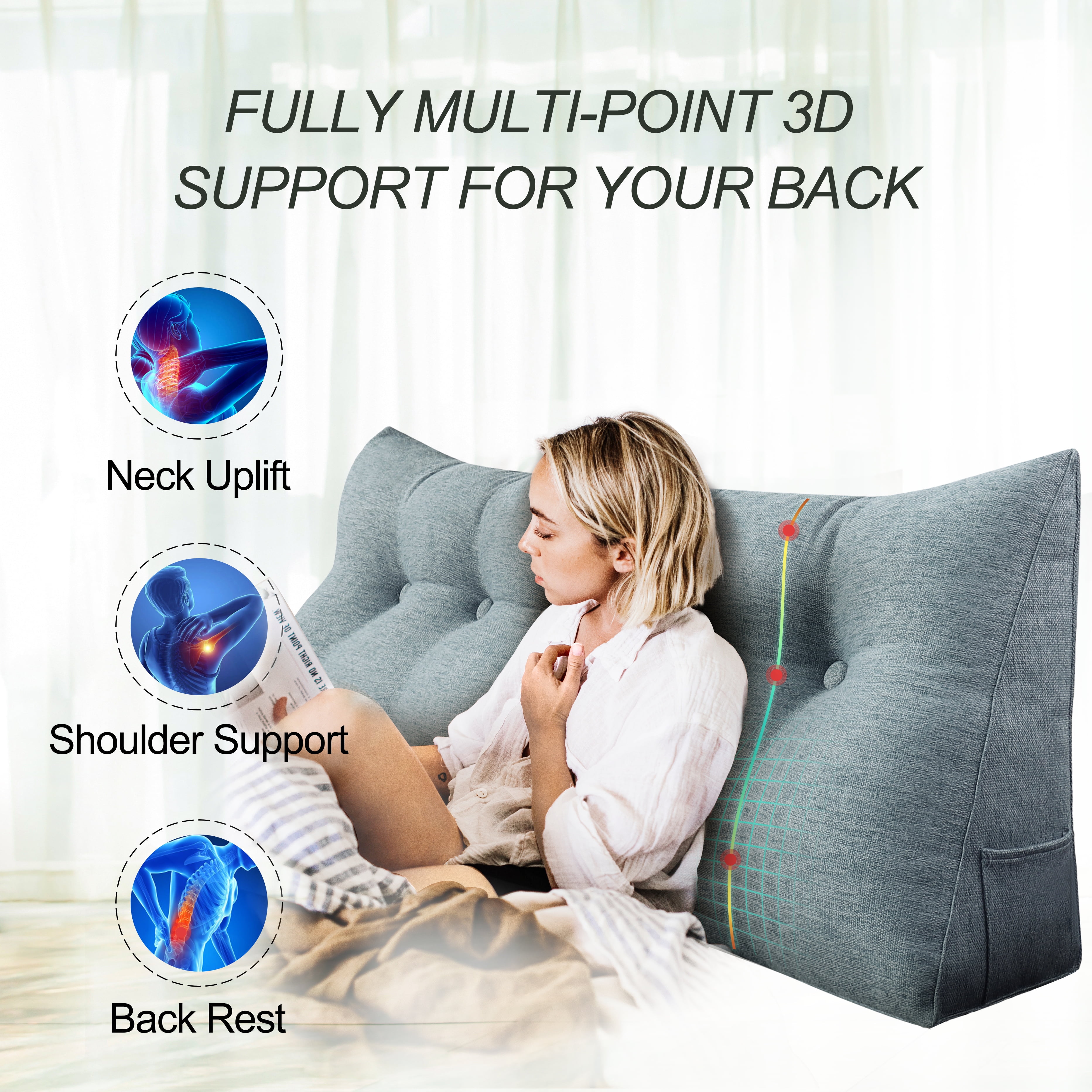 WOWMAX Sofa Daybed Large Filled Triangular Wedge Cushion Bed Backrest Positioning Support Pillow Reading Pillow Office Lumbar Pad with Removable Cover Gray Twin