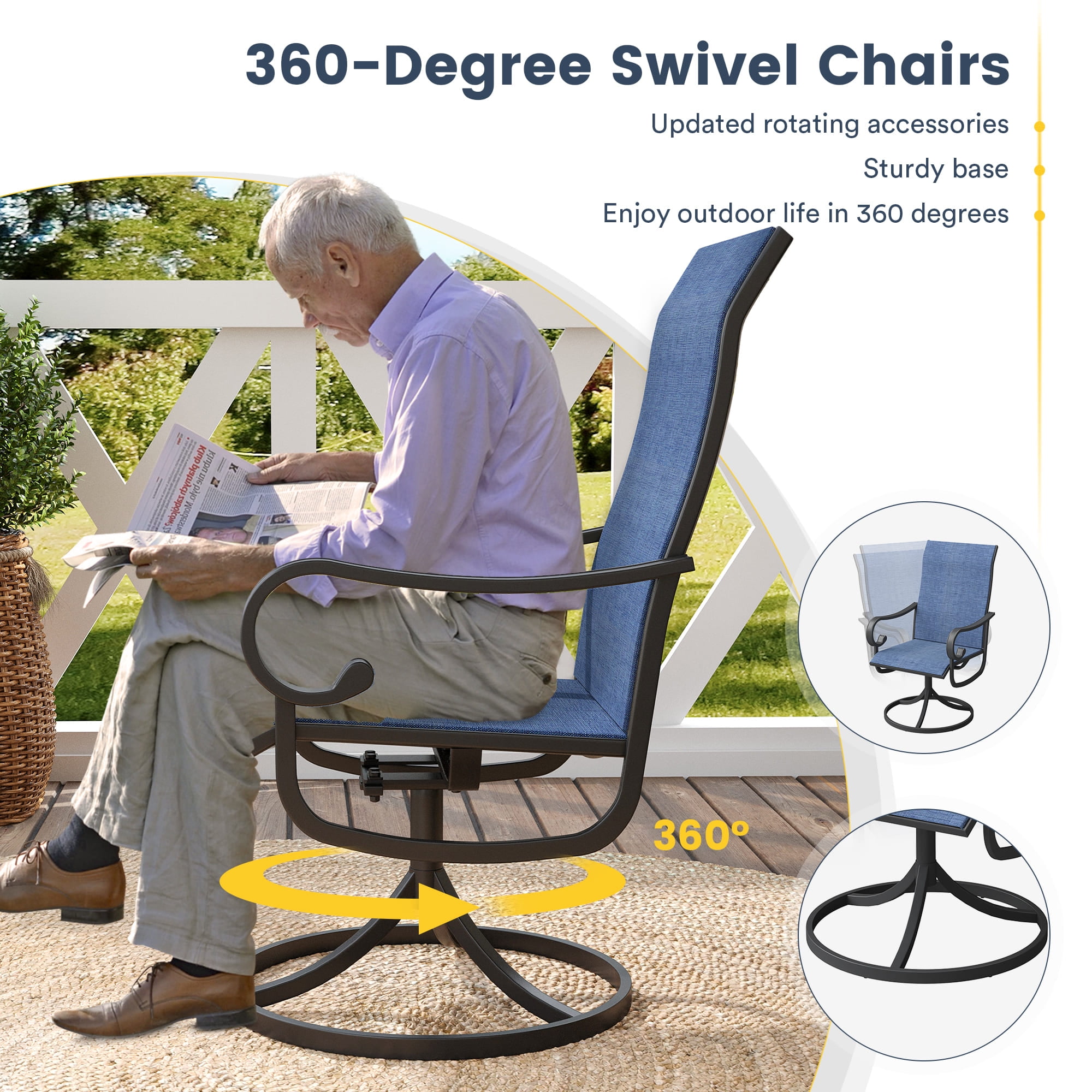 Vicllax Outdoor Dining Chair Patio Swivel Chairs Set of 6 Rocking Metal Textilene Fabric, Blue
