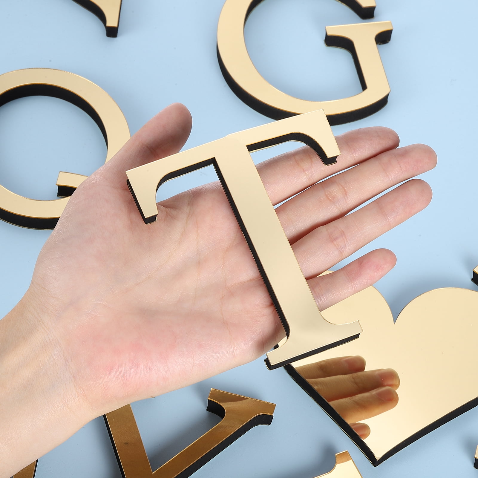 Unique Bargains 3D Acrylic Alphabet Mirror Wall Stickers Self-Adhesive Gold T Shape