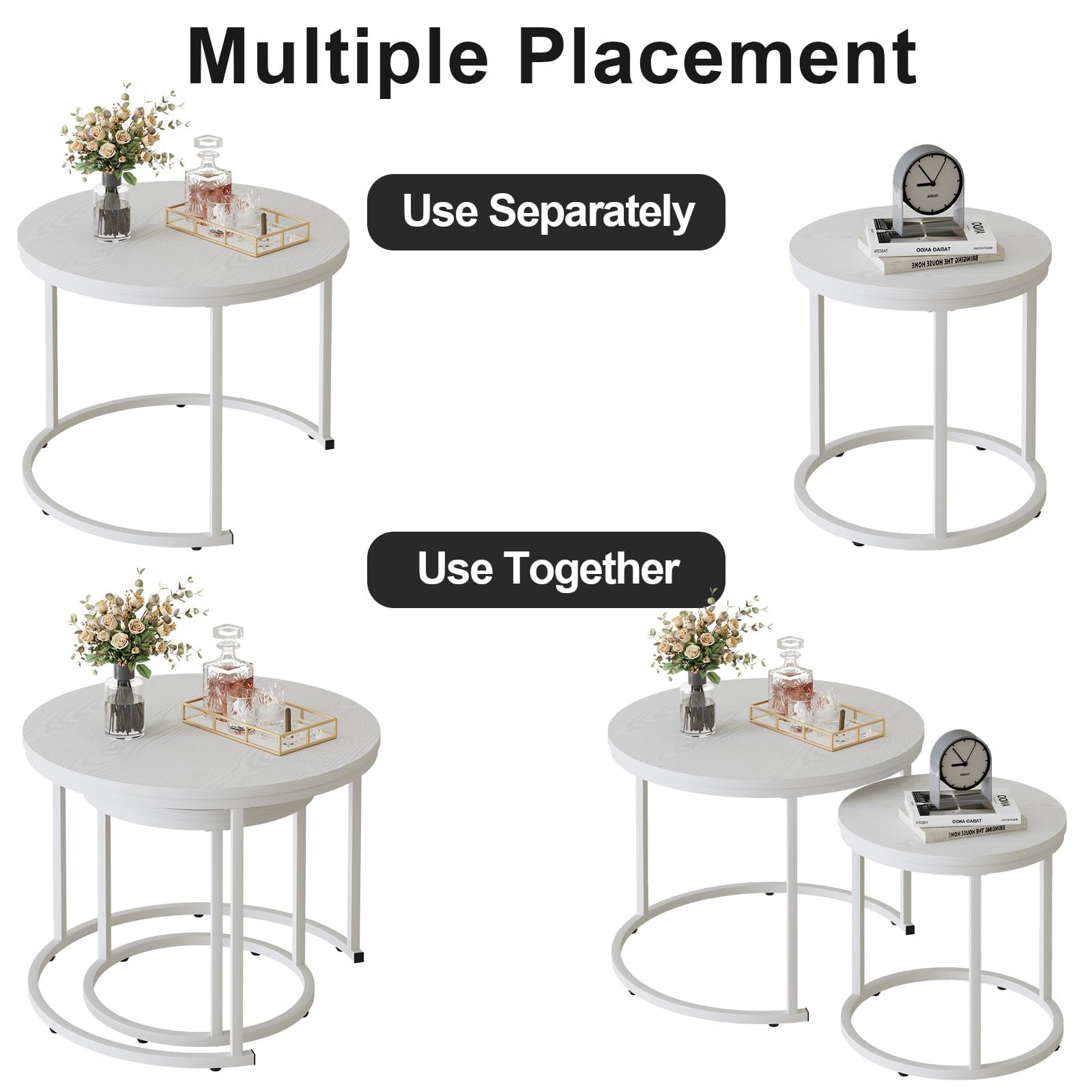 Nesting Coffee Table Round Side Table Set of 2 End Tables for Living Room Bedroom Balcony,White Wooden Stacking Accent Coffee Tables with Metal Frame