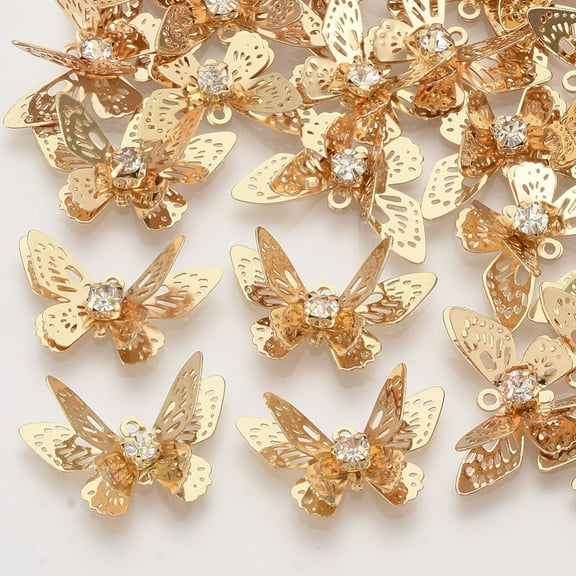 Brass Filigree Pendants with Crystal Rhinestone 3D Butterfly Light Gold 12x20x4~7mm Hole: 1.2mm