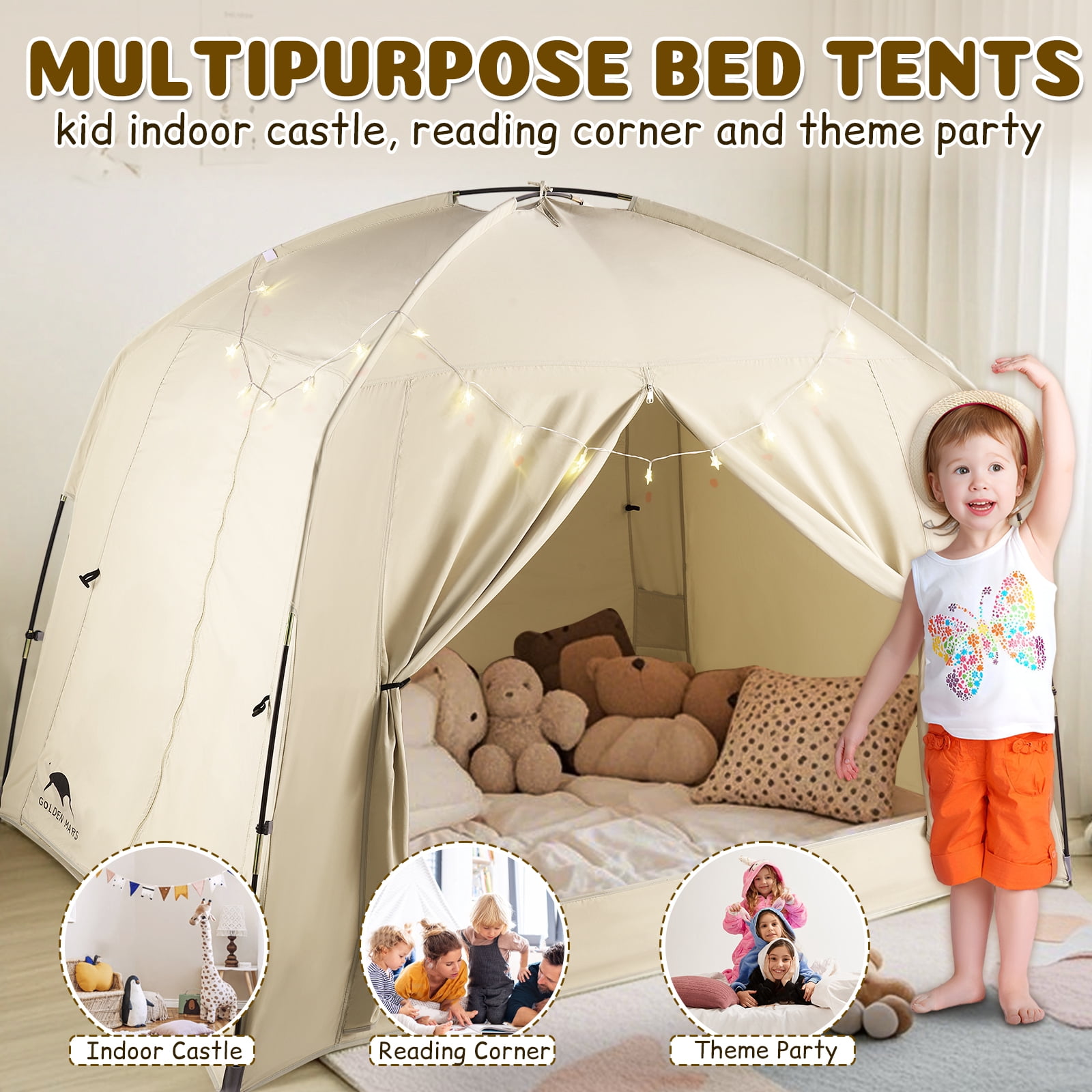 Bed Tents for Kids and Adult, Portable 100% Breathable and 85% Blackout Toddler Dream Play Tent, 3 Doors Privacy Space Sleeping Canopy for Indoor Floor or Twin Full Queen Sizes Bed (Khaki, Full-Size)