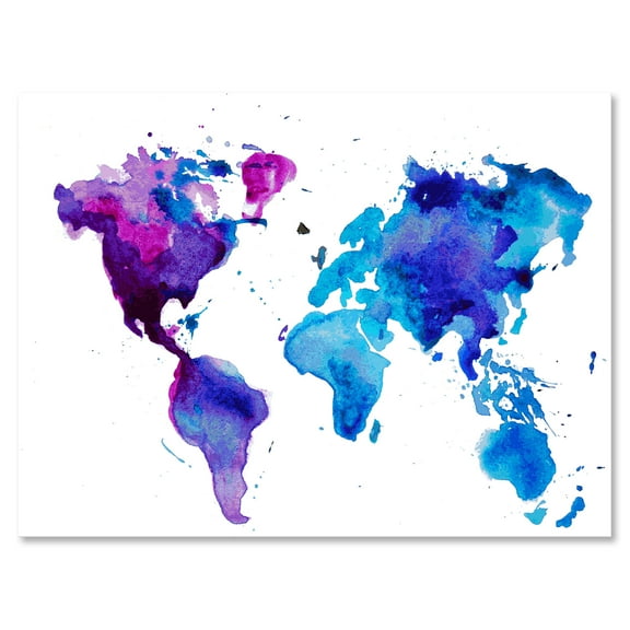 Blue and Purple Map Of The World 8 in x 12 in Painting Canvas Art Print, by Designart