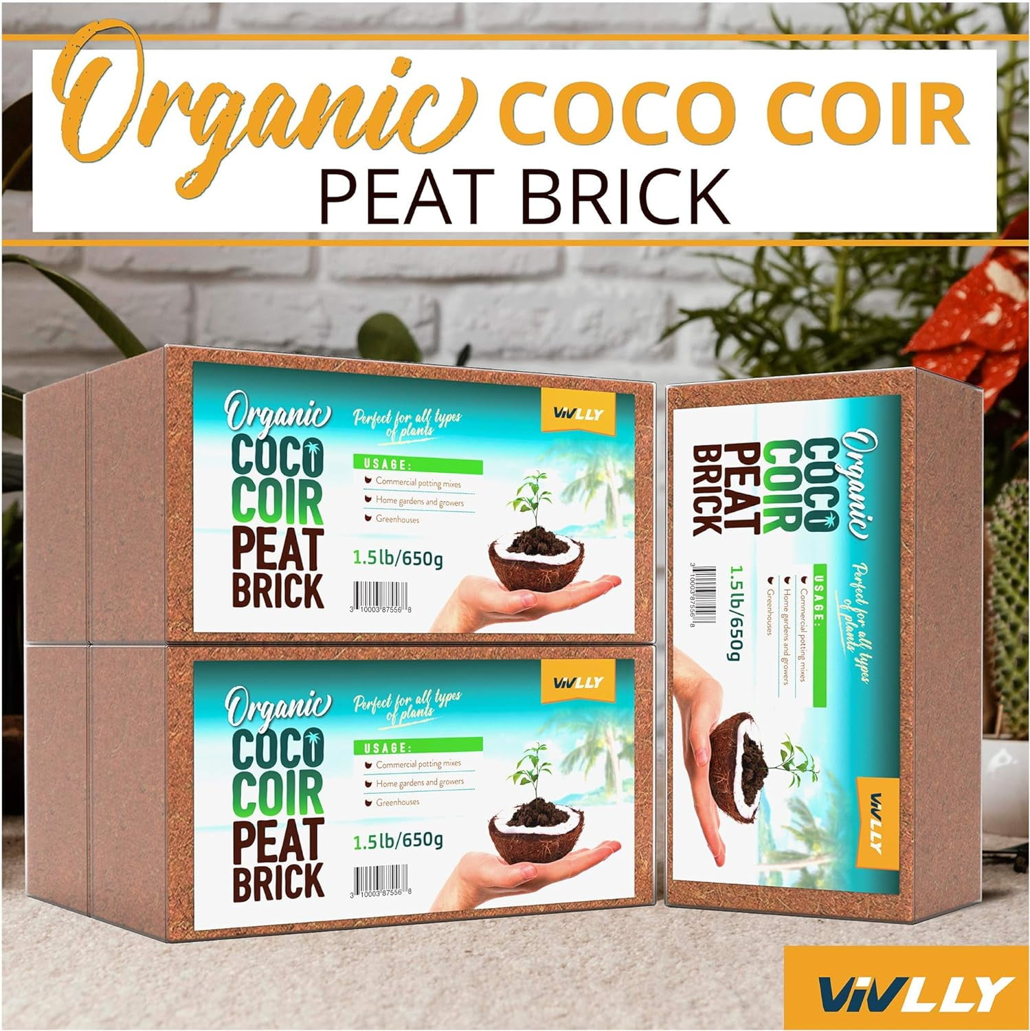 Compressed Coco Coir Bricks, 5 Count, Natural Seed Starter with Low EC and pH Balance, Enhance Root Growth in Herbs, Flowers, and House Plants, Organic with High Expansion - by Vivlly