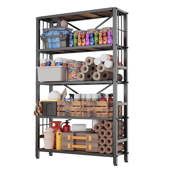 HOHYN 5-Tier Heavy-Duty Storage Shelves | 1500LB Load Rating Metal Shelving Unit | Multi-Purpose Garage & Kitchen Organizer with Bathroom Storage Function(Black)