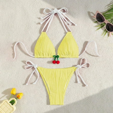 Tankini Set  Women S Super Sexy Bikini Three Point Swimsuit Cherry Strap High End Resort Wear Yellow Women Blending Bikinis S