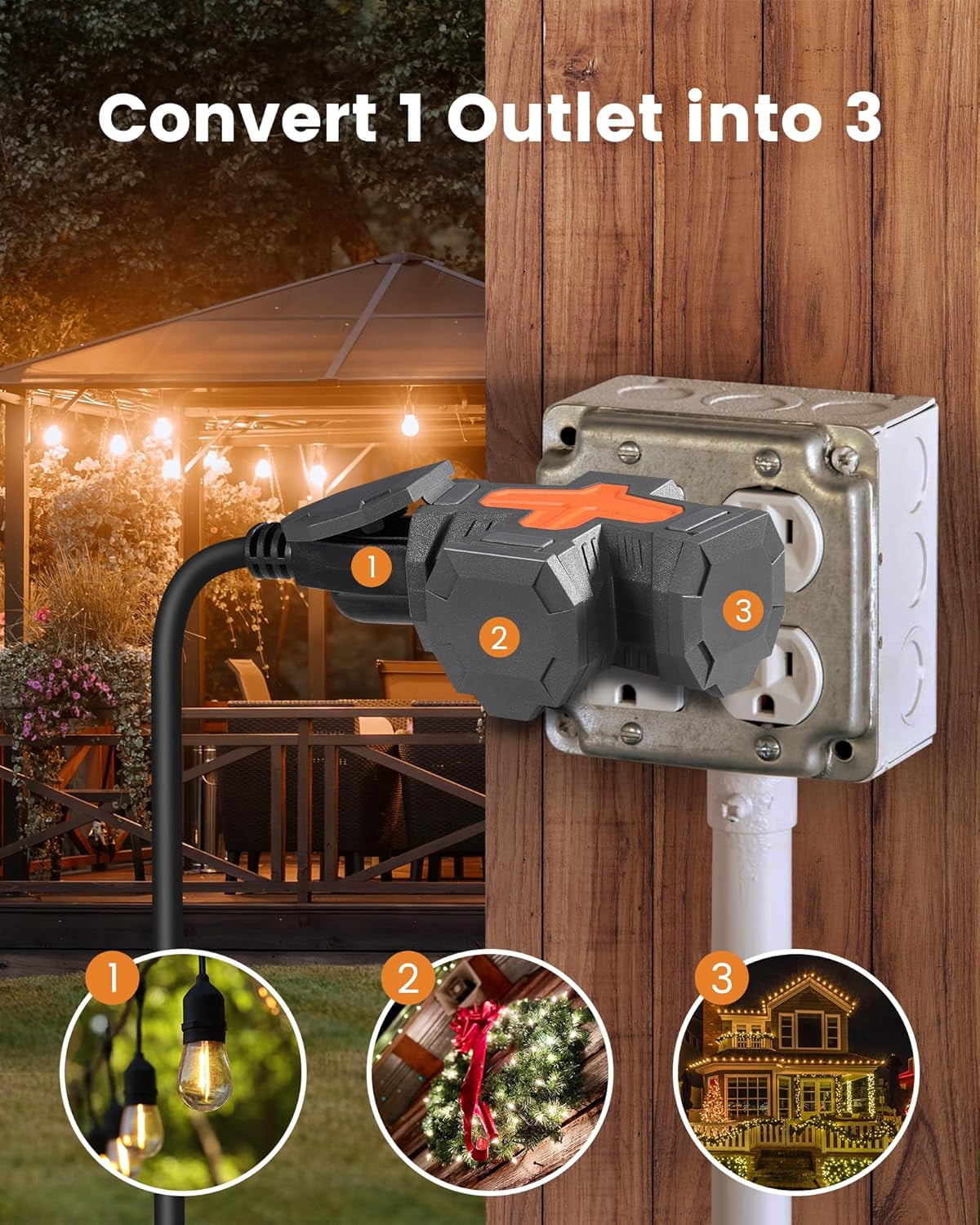 Outdoor 3 Way Plug Adapter, Multi Plug Outlet Waterproof, 1 to 3 Power Splitter, Electrical 15A Multiple Plug Extender with Cover for Outside Garden Garage Cruise, Gray, ETL Listed, 3 Pack