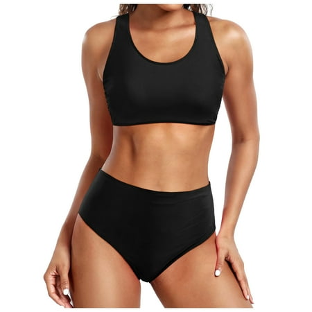 Womens Swimsuits Solid Color Strappy Push Up Bra And Panty Set Vintage Two Piece Tankinis Swimwears Holiday Wear Black L