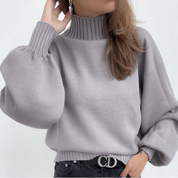 Suéter casual de moda de cuello alto con mangas abullonadas de color sólido para otoño e invierno para mujer de Europa y América