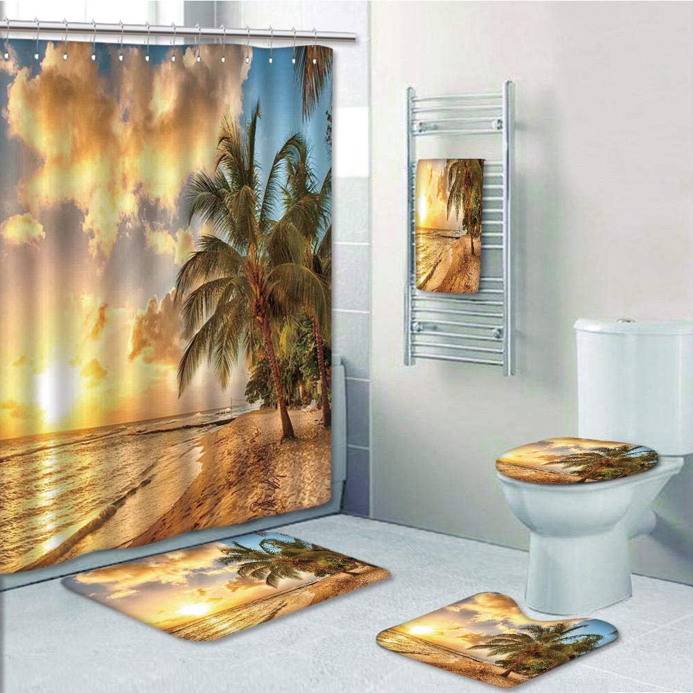 Sunset Sea Scenery Shower Curtain Bath Mat Toilet Cover Rug Bathroom Decor 