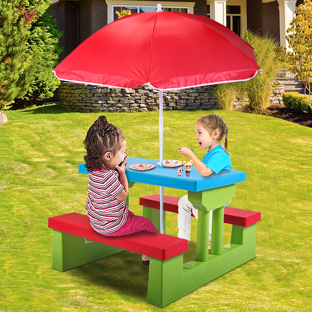 Kids Picnic Tables Set, BTMWAY Indoor Outdoor Childrens Table and Chair Set, Portable Kids Picnic Table with 2 Benches, Removable Umbrella, Kids Picnic Table Set for Garden Backyard Patio, R2118 - image 1 of 8