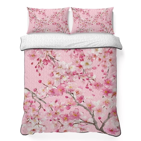 Spring Cherry Blossoms Twin Quilt Bedding Set Pink Flowers Branch Watercolor Lightweight Comforter with 2 Pillow Shams Bedroom Bedspread Set Home Decor for All Seasons