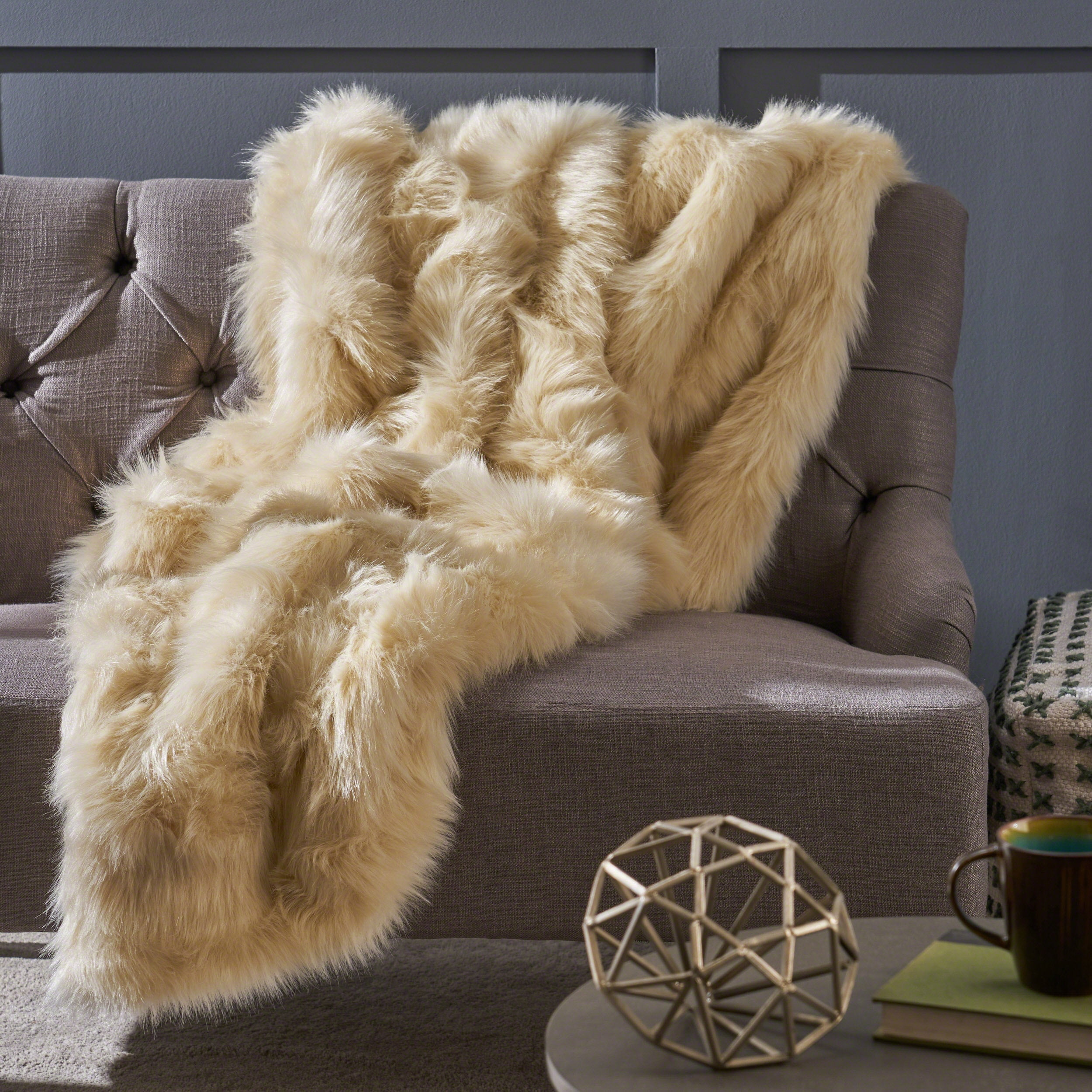 Noble House Furry Glam Faux Fur Throw Blanket, 50" x 60", Taupe