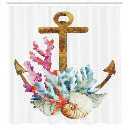 Anchor Shower Curtain Watercolor Style Starfish Seashell And