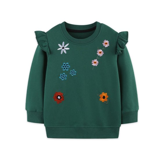 Bmisegm Girls Sweatshirt Flutter Sleeve Hoodie with Floral Print Soft Casual Pullover Cute Tops for Outdoor Play Comfort Kids,Dark Green,90