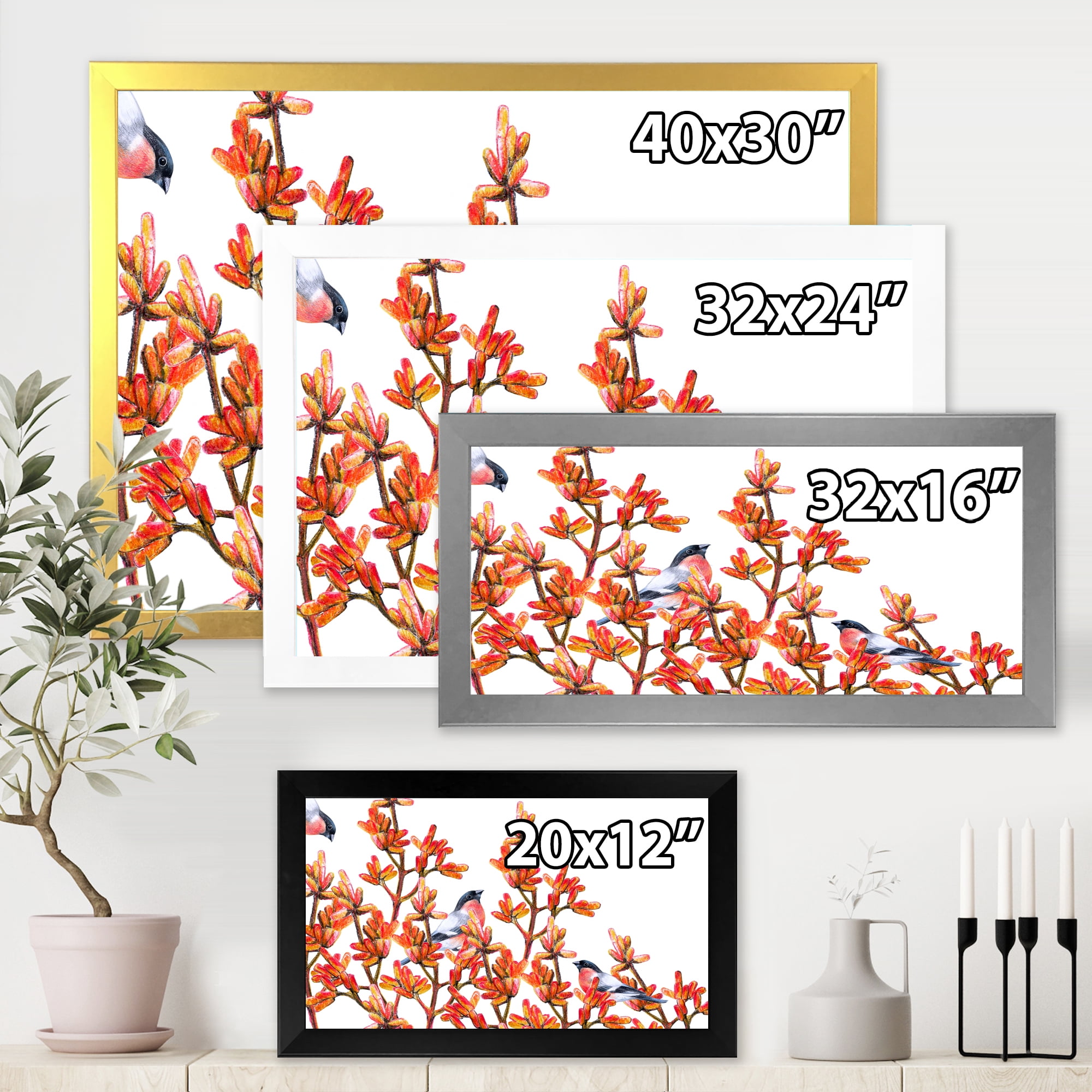 Designart 'Flock of Bullfinches Birds Sitting on Orange Branches' Traditional Framed Art Print