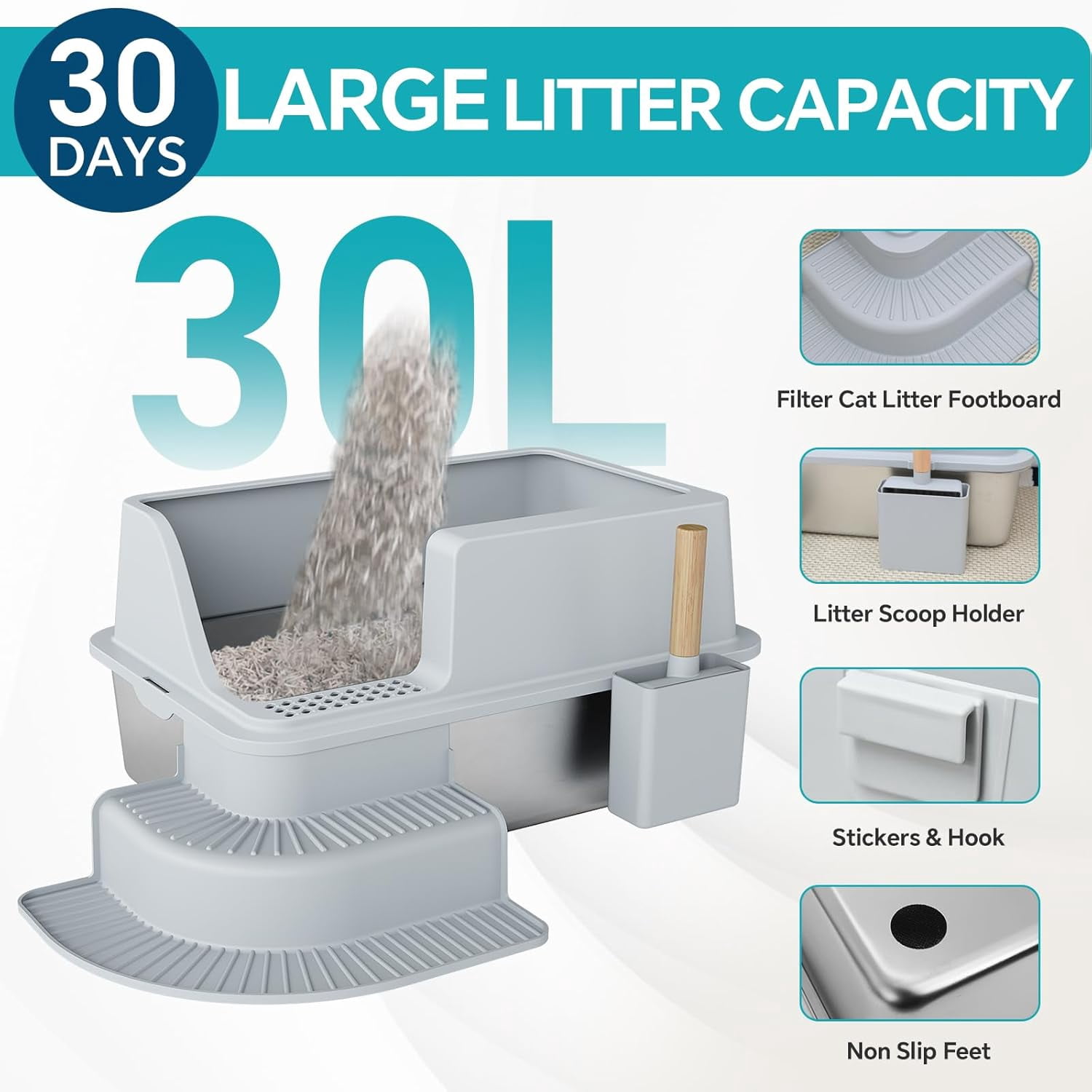 Enclosed Stainless Steel Litter Box with Lid, XL Extra Large Stainless Steel Cat Litter Box for Big Cats, High Sides Metal Litter Box, Anti-Leakage, Easy Cleaning, Odor-Resistant, with Scoop