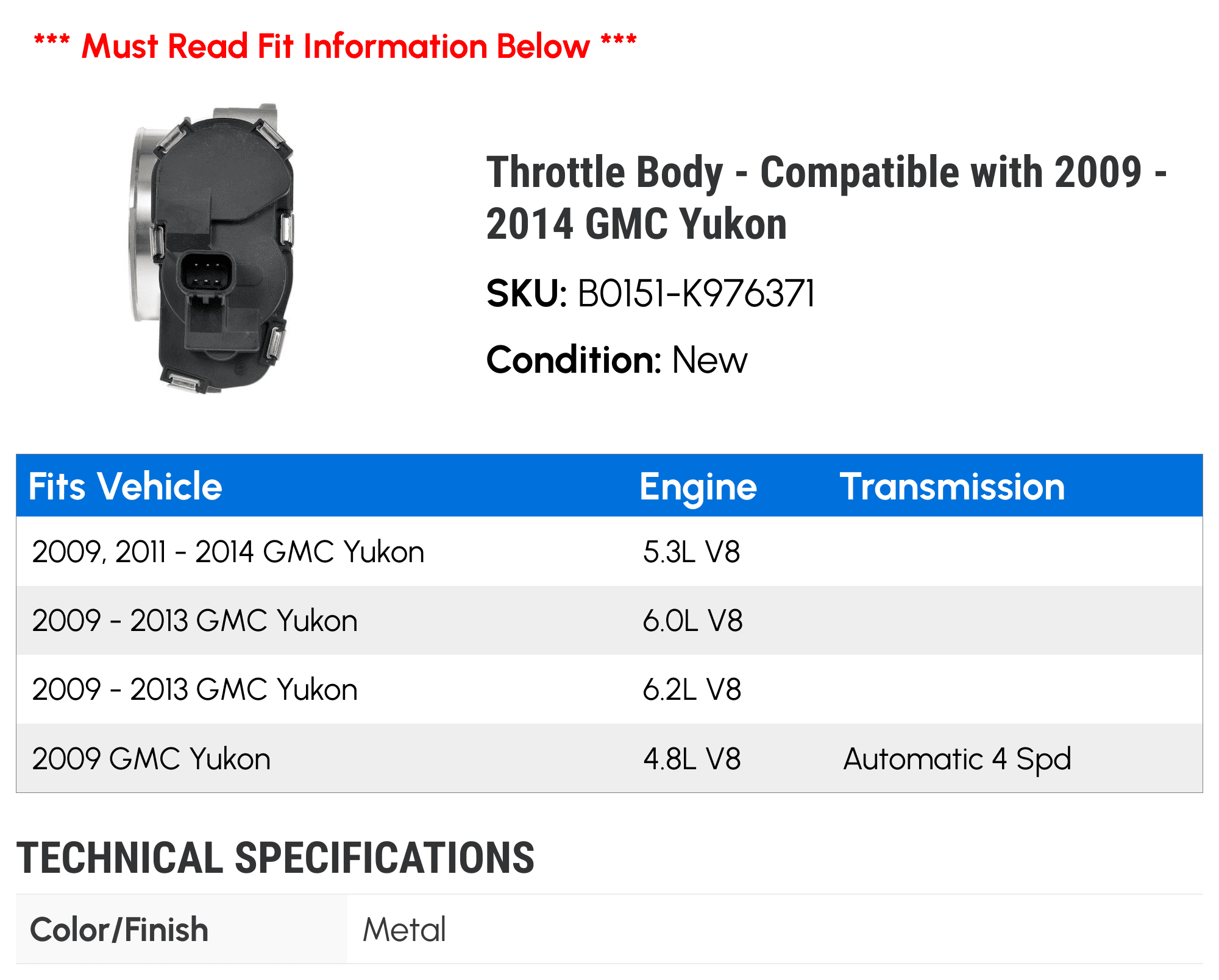 Throttle Body - Compatible with 2009 - 2014 GMC Yukon 2010 2011 2012 2013