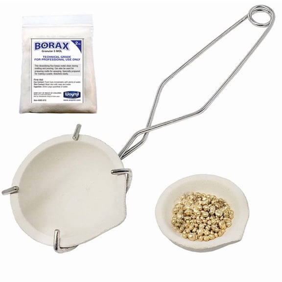 Melting Crucible Set 2 Small Crucibles Whip Tongs & Borax - Melt Gold Silver