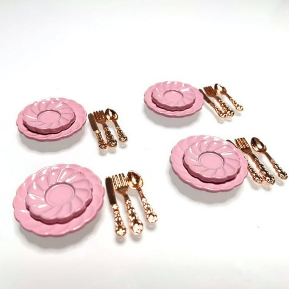 Durable Alloy Dollhouse Dining Set for 1/6 BJD Dolls - 4 Large Pink Plates, 4 Rose Gold Knives, Forks & Spoons | Realistic Miniature Tableware Accessories for Dollhouse Playsets & Collectors,