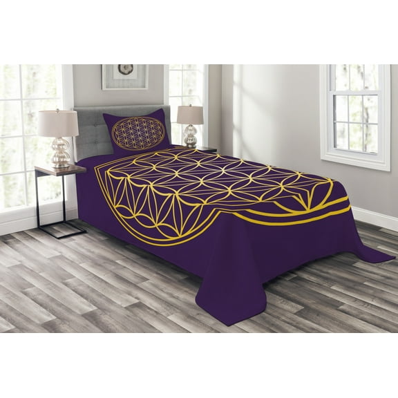 Ambesonne Geometric Quilted Bedspread Set 2 Pcs, Circle Overlap, Twin Size, Dark Purple Earth Yellow