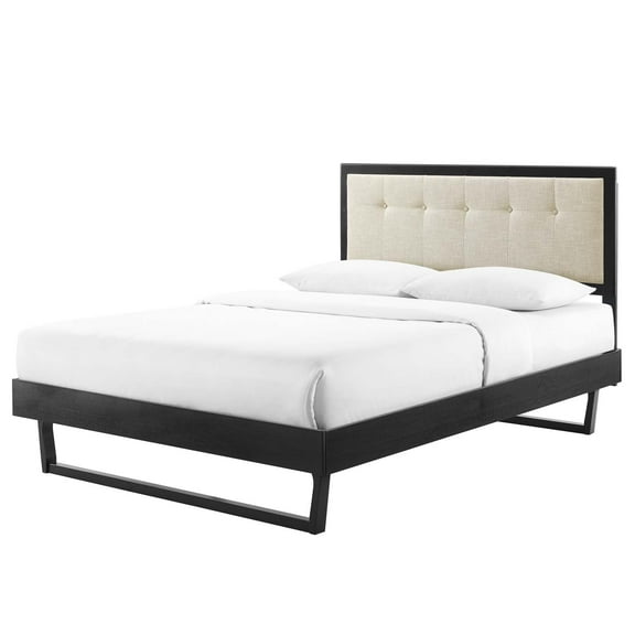 Platform Bed Frame, Full Size, Wood, Black Beige, Modern Contemporary Urban Design, Bedroom Master Guest Suite