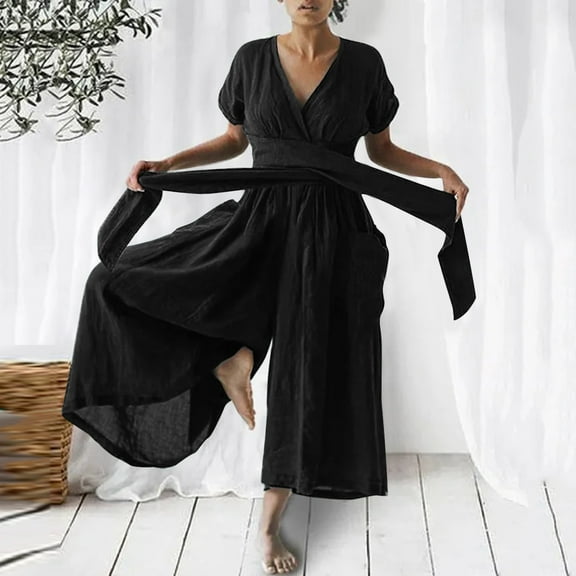 Baqcunre Women's Casual V Neck Solid Color Cotton and Linen Loose Belt Romper,Color Black,Size S-XXL