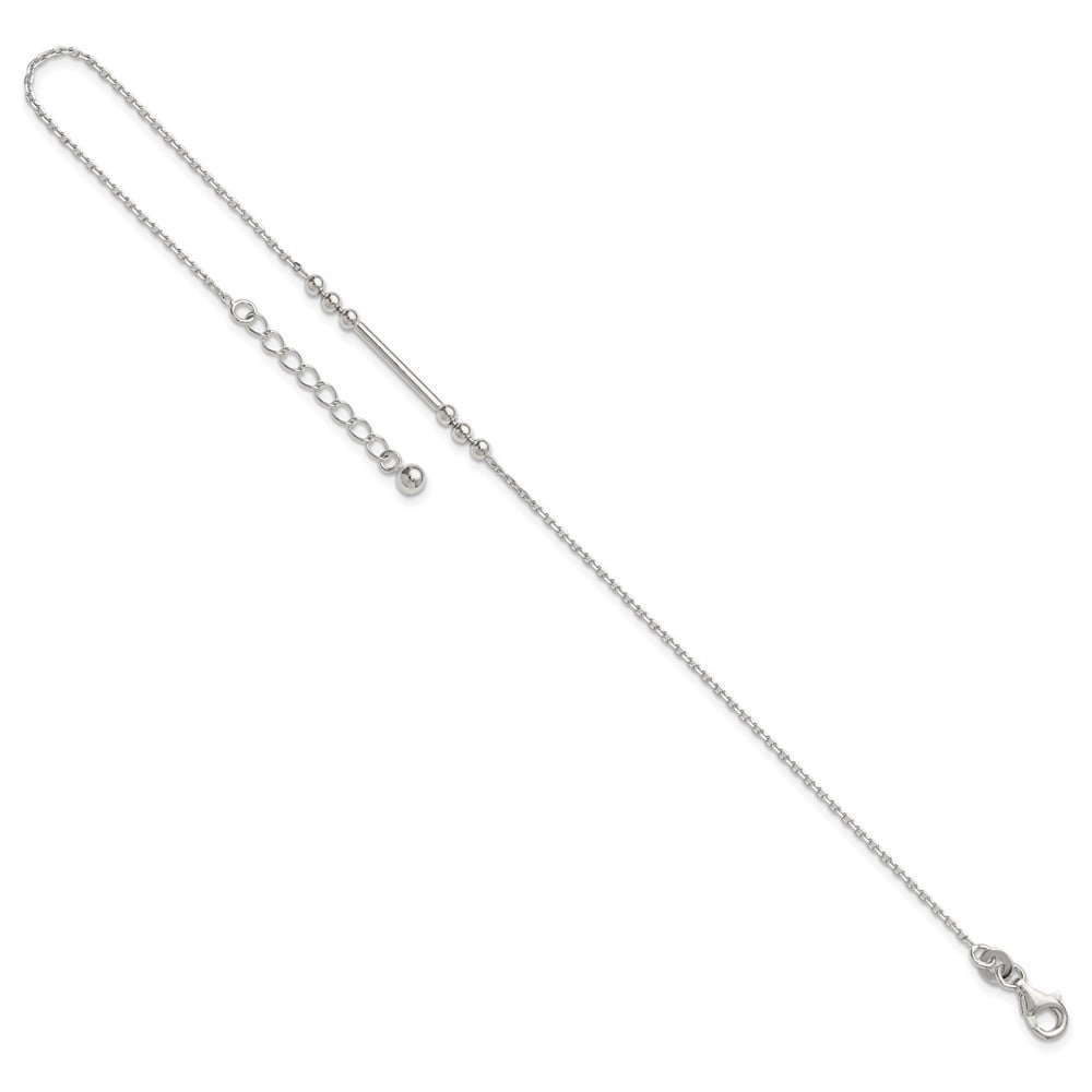 Sterling Silver Polished Beads and Bar 9 inch with 1 inch Extension Anklet