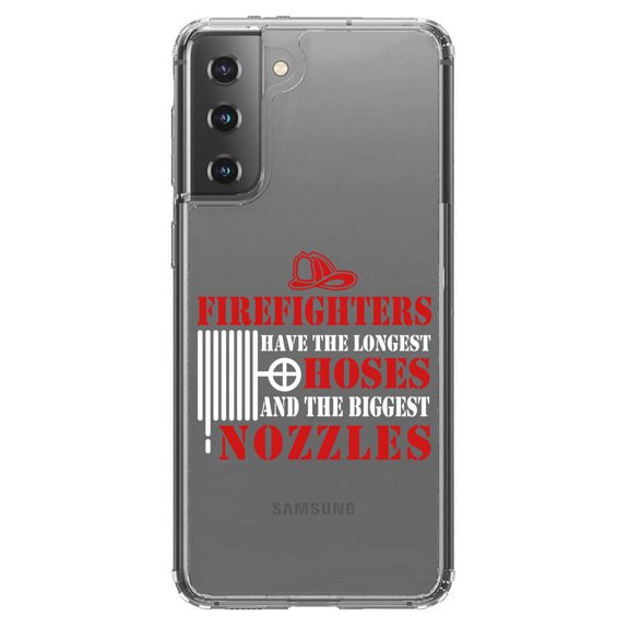 DistinctInk Clear Shockproof Hybrid Case for Galaxy S21 5G (6.2" Screen) - TPU Bumper Acrylic Back Tempered Glass Screen Protector - Firefights Have Longest Hoses and Biggest Nozzles