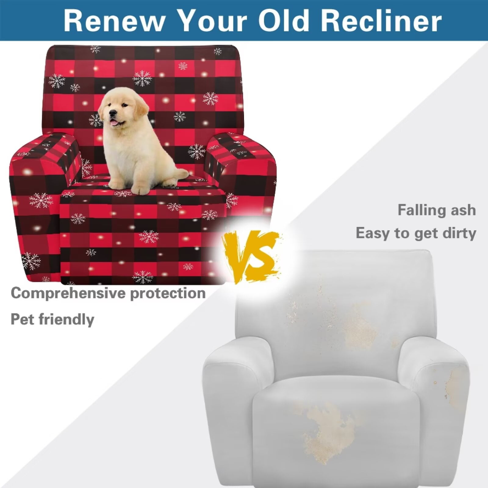 Yuyamidu Christmas Print Reclining Chair Covers 4 Pieces Comfortable Recliner Sofa Slipcovers with Pocket Replacement Lazyboy Cover for Recliner Chair Gift for Housewarming