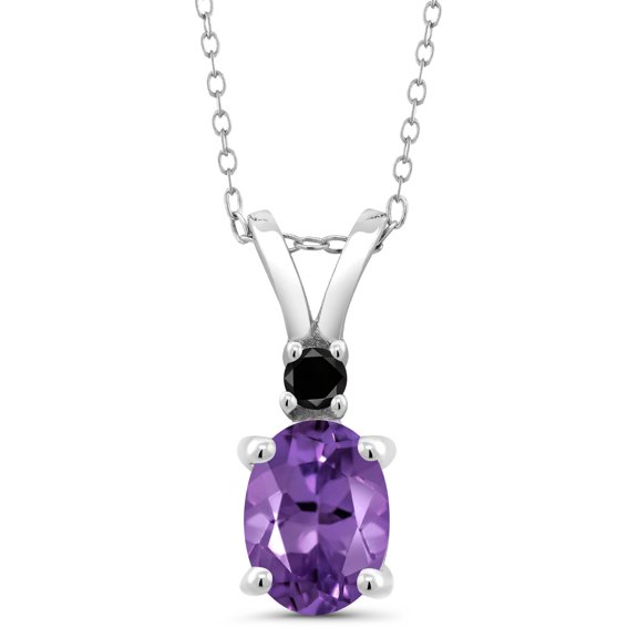Gem Stone King 1.22 Ct Oval Purple Amethyst Black Diamond 925 Sterling Silver Pendant