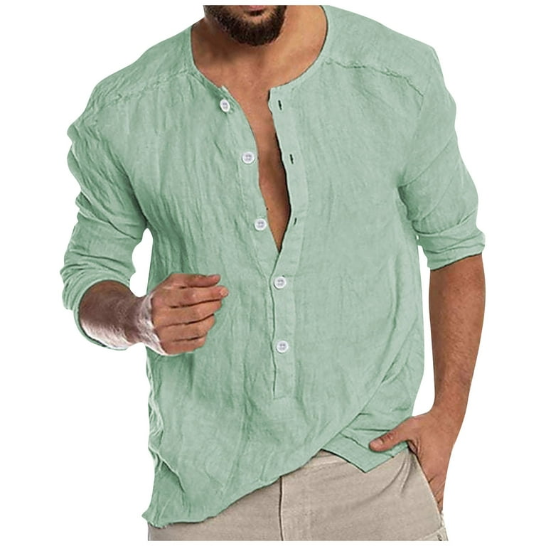 Men Male Casual Cotton Shirt Loose Tops Long Sleeve Cardigan Casual Shirt V  Neck