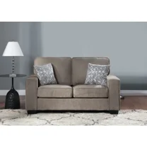 Contemporary Upholstered Loveseat with Pillows, Square Armrest, Living Room 2 Seater Sofa Couch, Brown