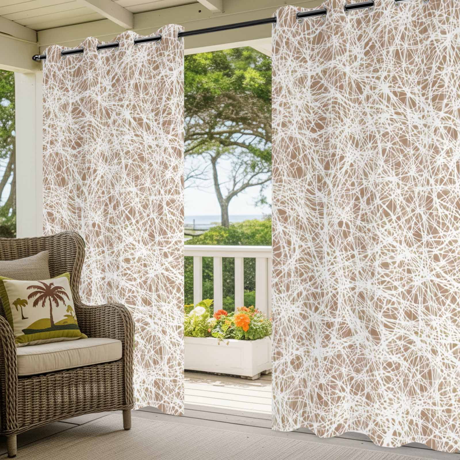Abstract Fiber Line Outdoor Curtains for Patio, Spring Vibrant Brown White Art Cobweb Sunshade Privacy Drapes Grommet Waterproof Outside Curtains for Porch/Cabana/Balcony 54"x 108", 1 Panel