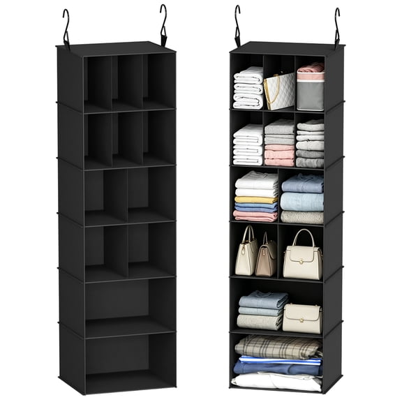 PLUMEBAY 2 Pack Hanging Closet Organizer with Dividers, 24 Compartment Closet Storage Shelves, Black